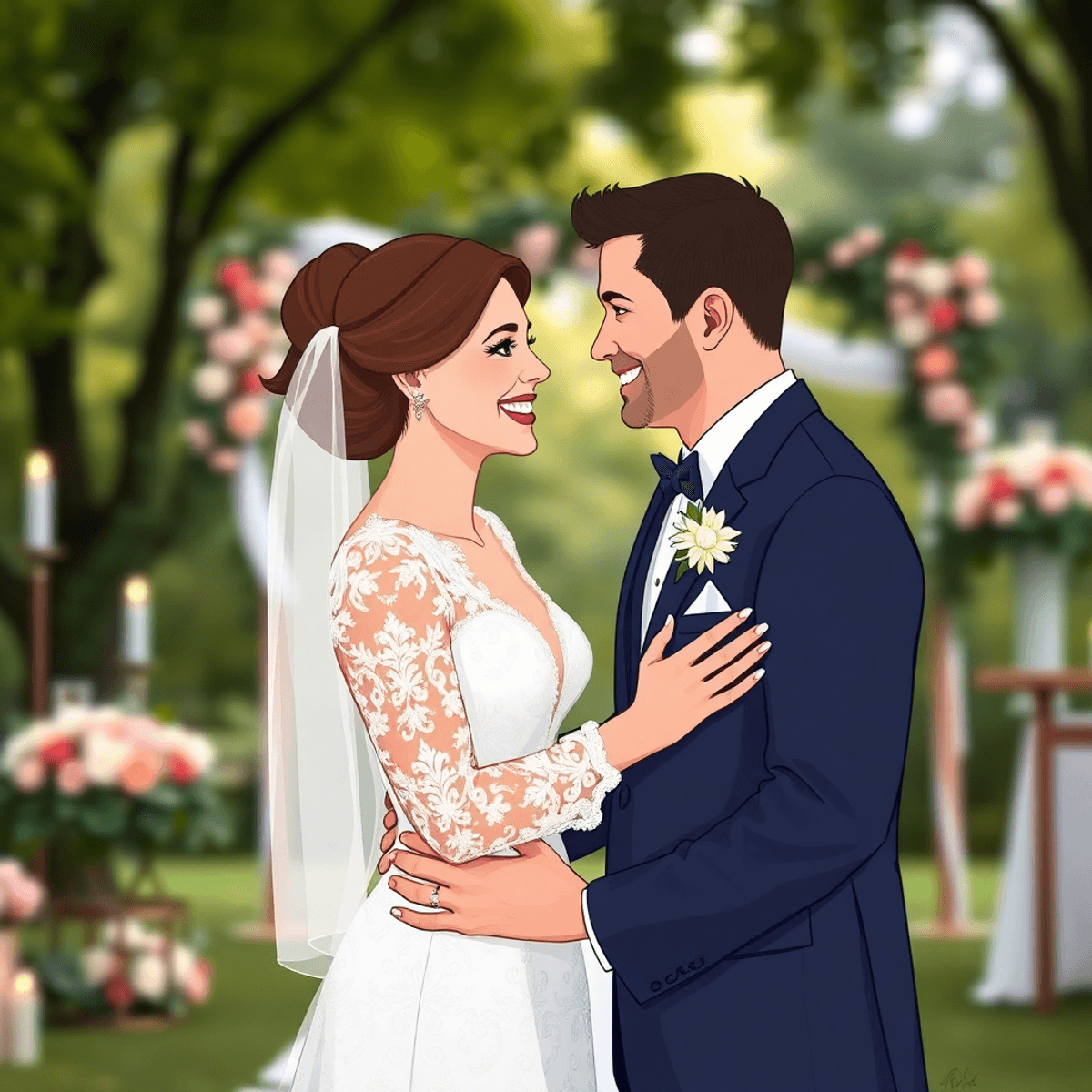 Cartoon-style romantic outdoor wedding with a joyful couple sharing a surprise first look amid soft light and blurred greenery.