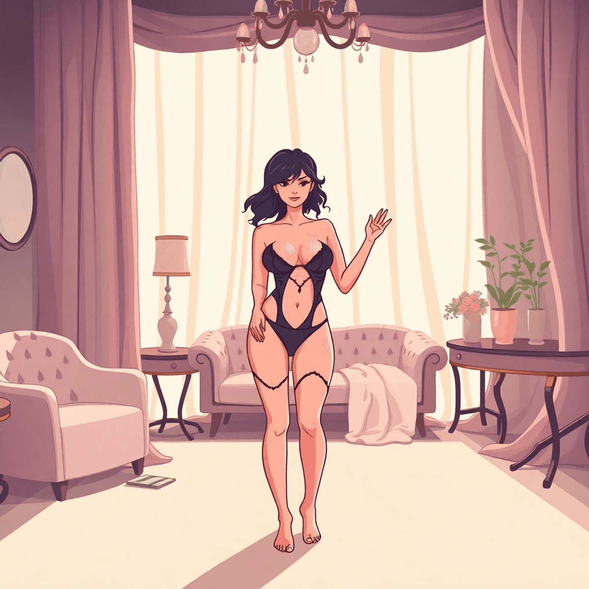 Cartoon-style boudoir studio with warm lighting, luxurious fabrics, and elegant decor, creating an intimate and empowering atmosphere.