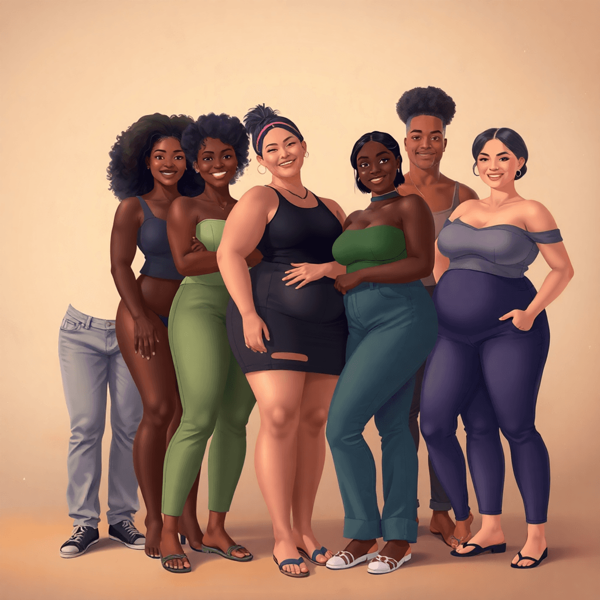 Cartoon-style portrait of a diverse group with varied body shapes, confidently posed in soft light against an abstract neutral background.