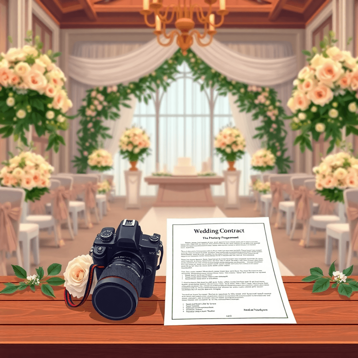 Cartoon wedding venue with floral decor, soft lighting, a camera, and a wedding contract on a wooden table.