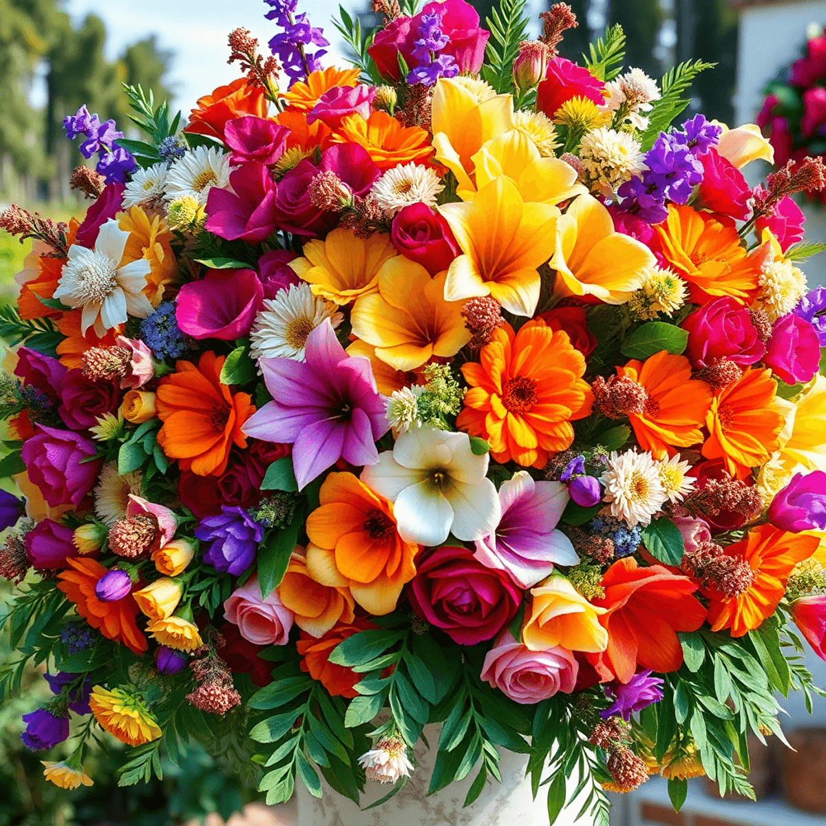 Close-up cartoon of a large, colorful floral arrangement with lush greenery, bathed in soft natural light, showcasing elegant wedding flowers outdoors.