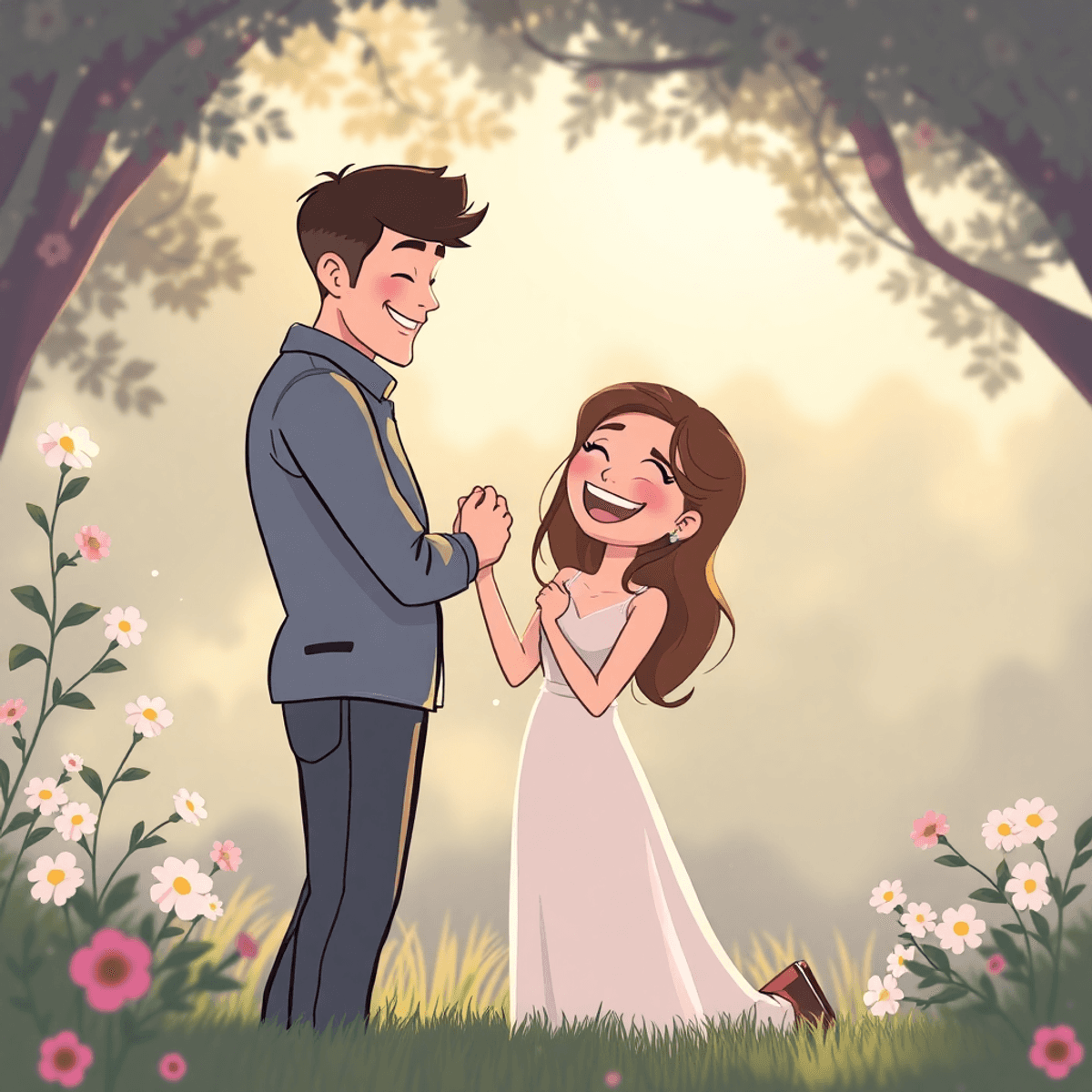 Cartoon of a happy couple embracing outdoors with soft light and floral accents, capturing a romantic marriage proposal moment.