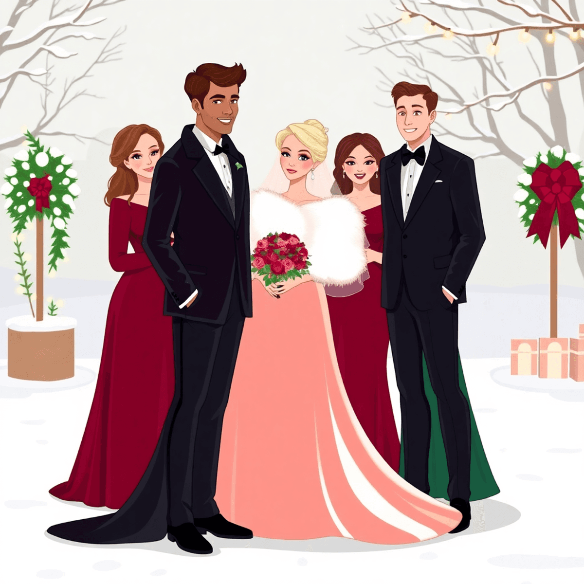 Cartoon of a winter wedding with bride in velvet gown and fur stole, bridesmaids in emerald and burgundy dresses, groom in velvet tuxedo, snowy backdrop with lights.