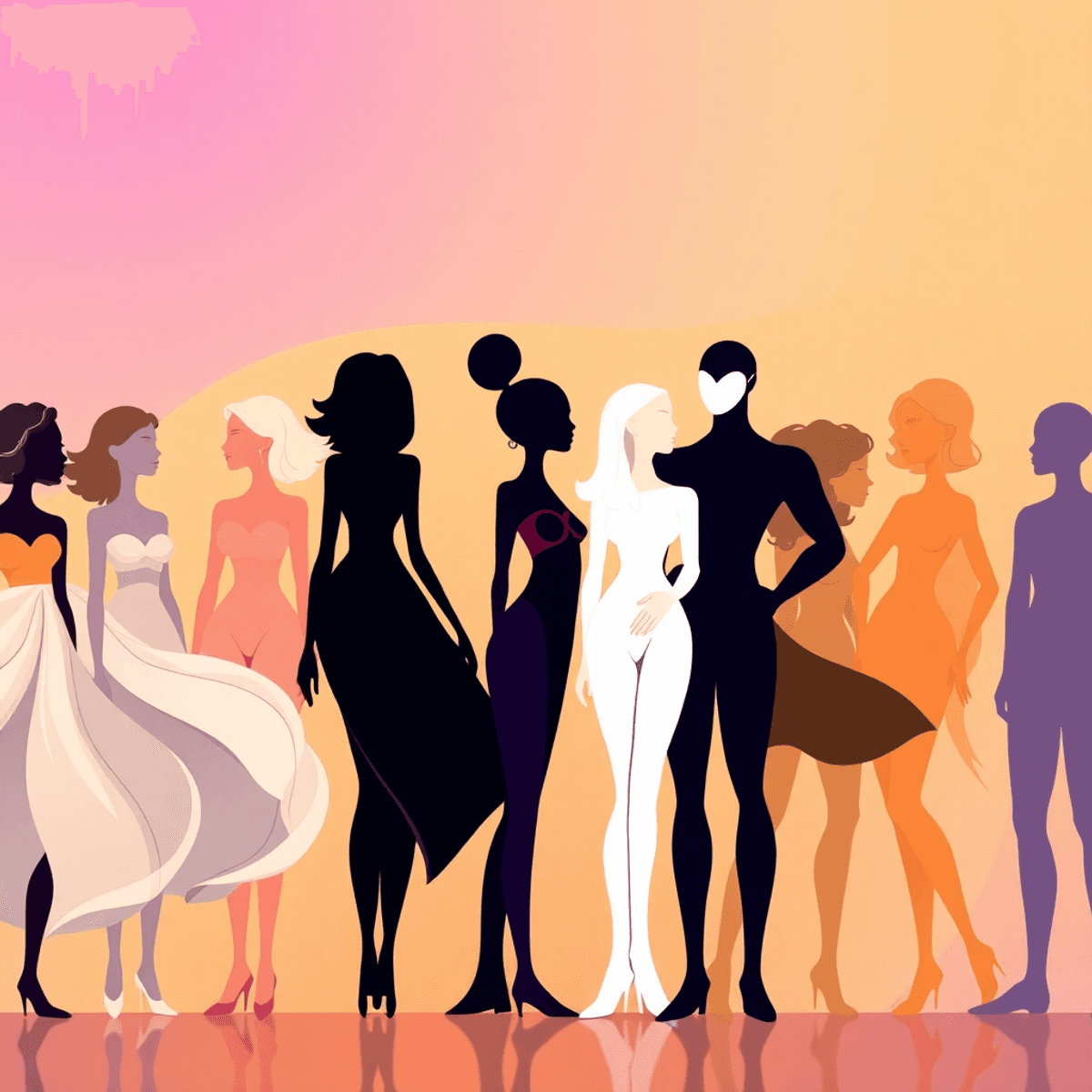 Colorful abstract silhouettes in flowing and angular shapes blend on a warm-cool gradient, symbolizing diverse gender expressions in a vibrant cartoon style.