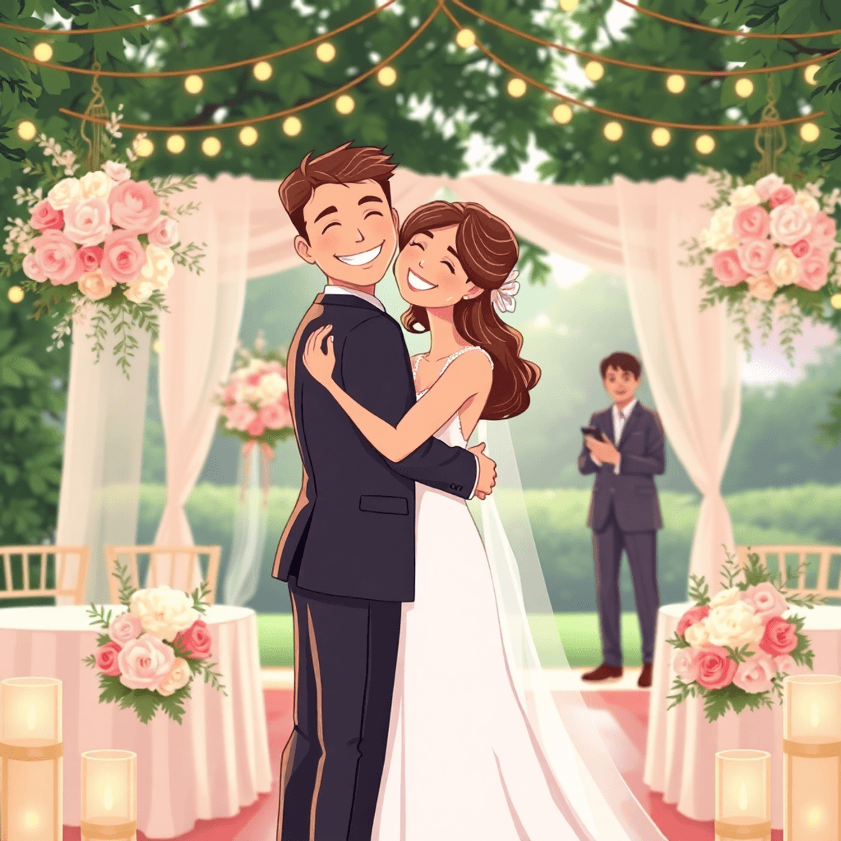 Cartoon of a happy couple embracing at an outdoor wedding with floral decor, warm lighting, and a calm wedding planner coordinating in the background.