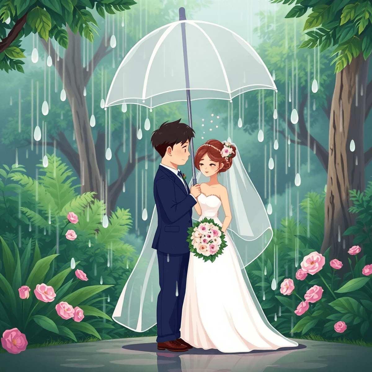 Cartoon-style romantic outdoor wedding with bride and groom under a clear umbrella, soft rain, and lush greenery in a dreamy, magazine-quality scene.