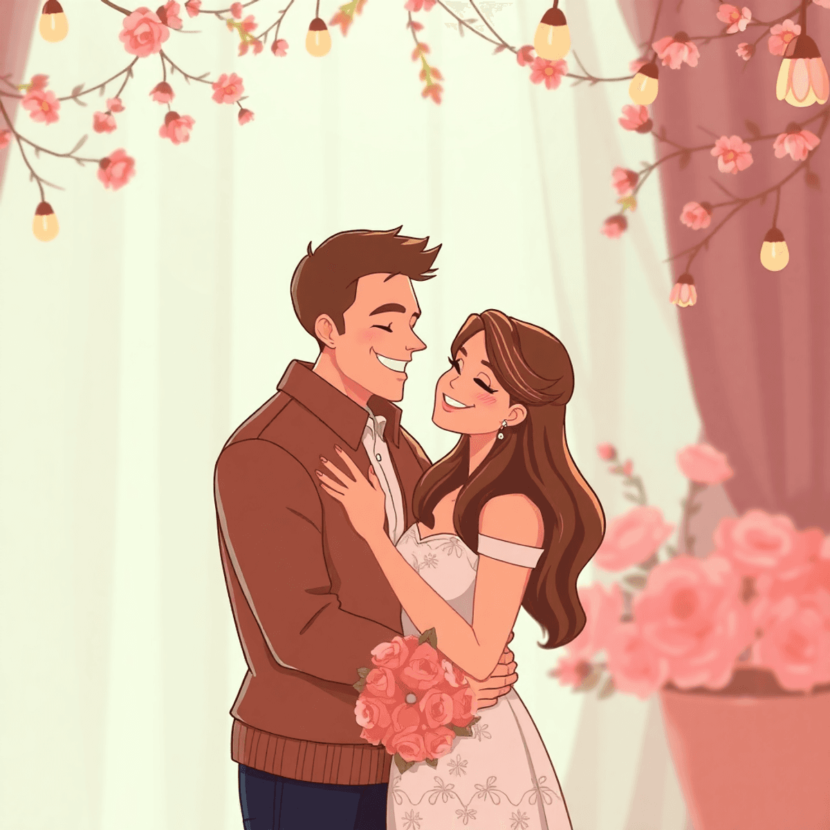 Cartoon couple sharing a joyful, intimate moment in an engagement shoot with soft light and elegant floral decorations symbolizing love.