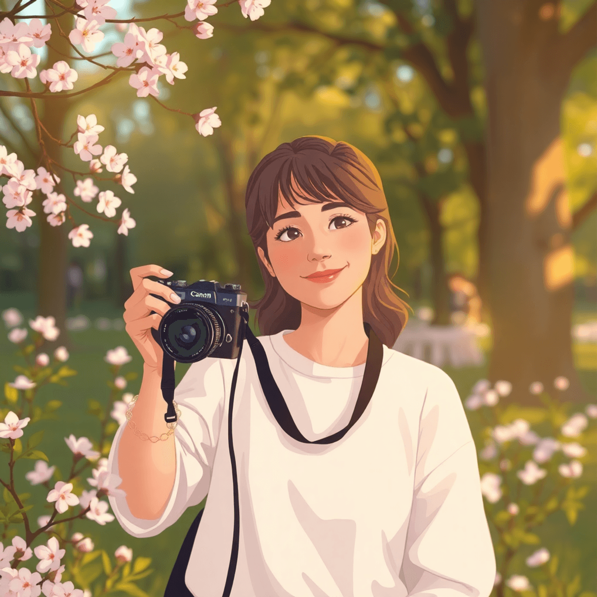 Cartoon of a gentle photographer holding a camera amid blooming flowers and warm sunlight filtering through trees, evoking calmness and authentic connection.