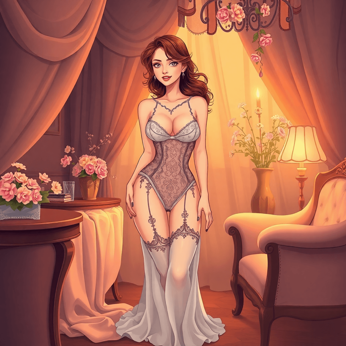 Model in lingerie in a cartoon-style boudoir scene with soft fabrics, vintage furniture, delicate flowers, and warm lighting creating an intimate, artistic atmosphere.