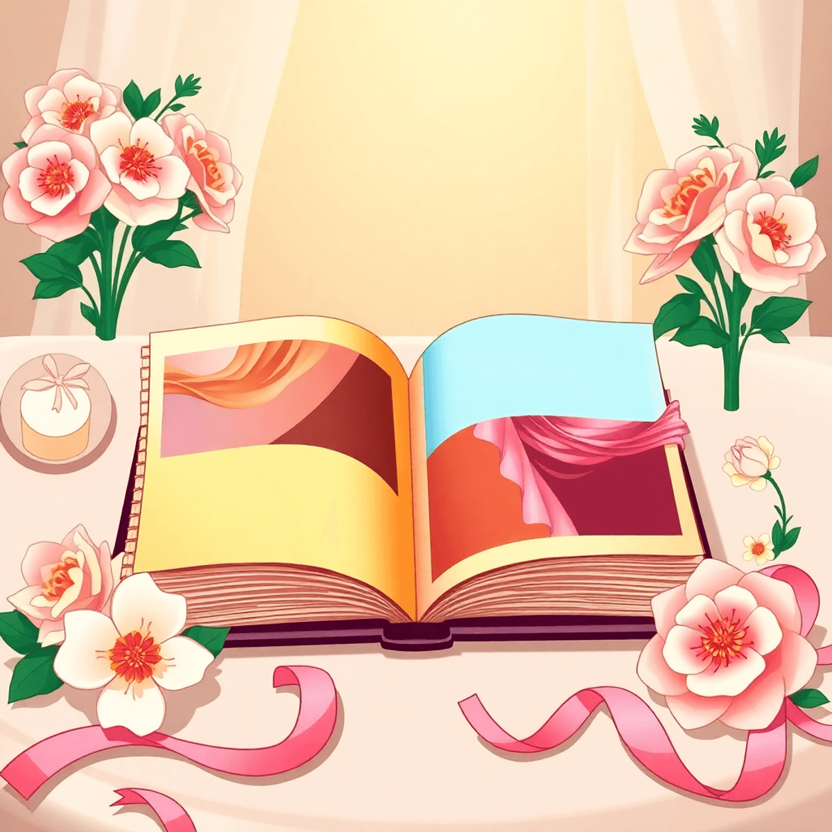 Open cartoon-style wedding album on table with vibrant colors, surrounded by flowers and ribbons, creating a warm and elegant atmosphere.