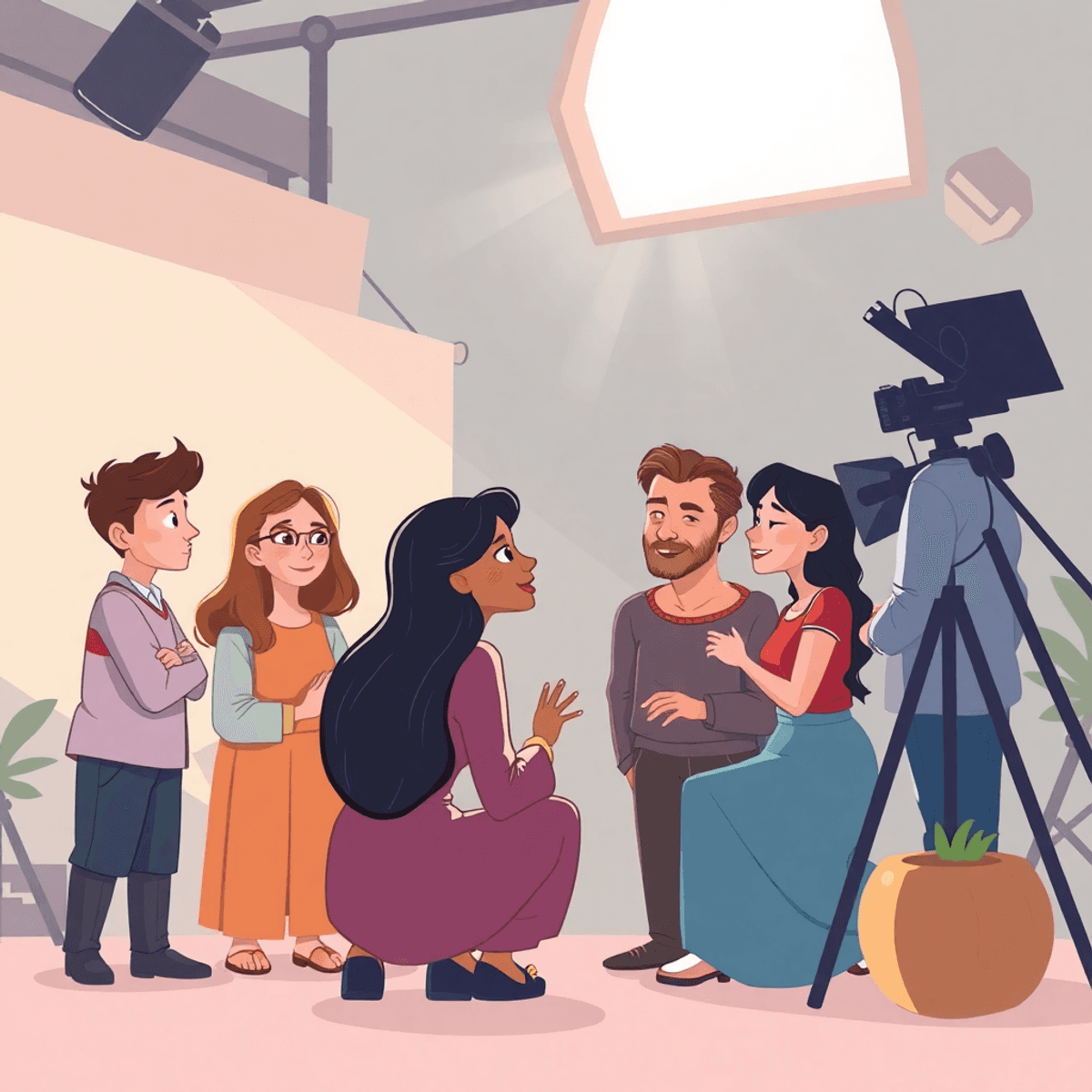 Cartoon-style film set with actors and crew sharing a warm, supportive moment amid soft lighting and abstract shapes symbolizing openness and strength.