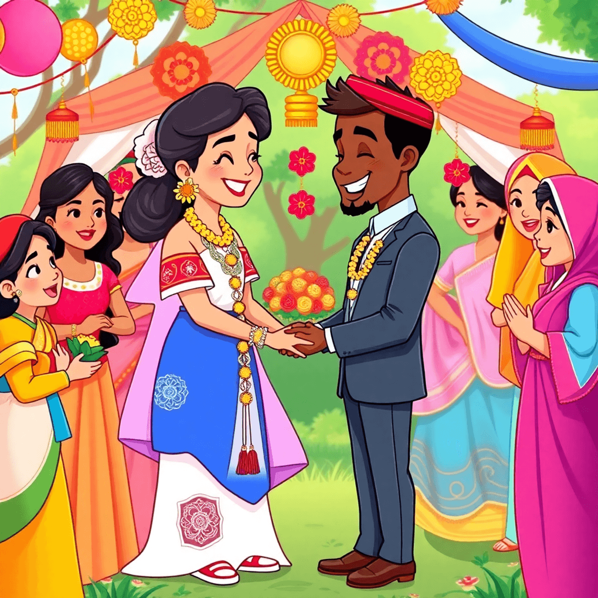 Cartoon of a joyful couple exchanging vows outdoors, surrounded by colorful cultural symbols and traditional attire, symbolizing unity and inclusivity.