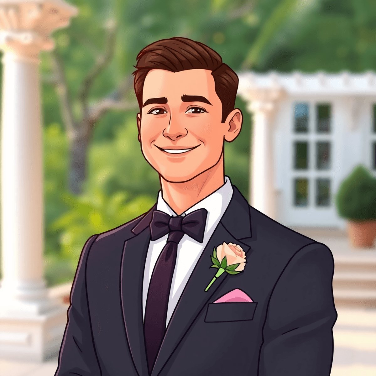 Cartoon of a smiling groom in a classic suit standing relaxed outdoors with soft lighting and greenery in the background.