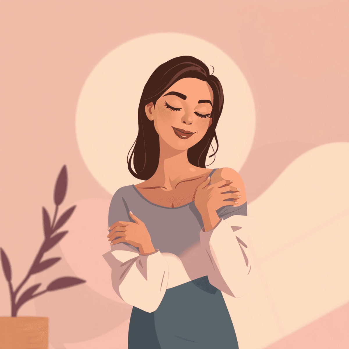 Cartoon of a confident woman gently embracing herself, surrounded by soft pink and warm neutral abstract shapes in a serene, warmly lit setting.
