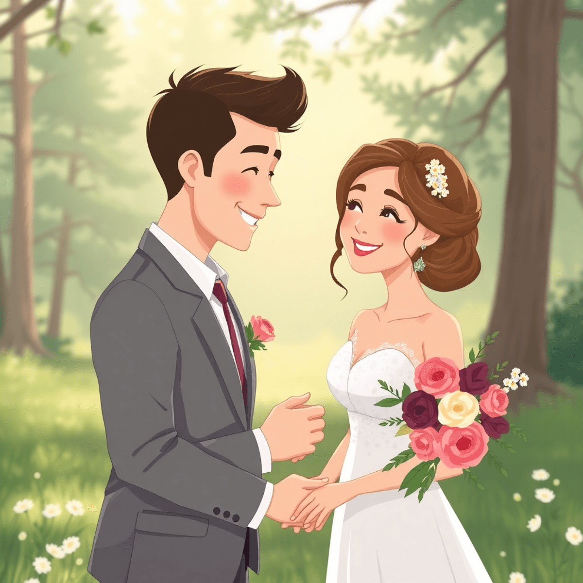 Cartoon of a couple exchanging vows outdoors, surrounded by soft sunlight and simple floral decorations in a natural, intimate setting.