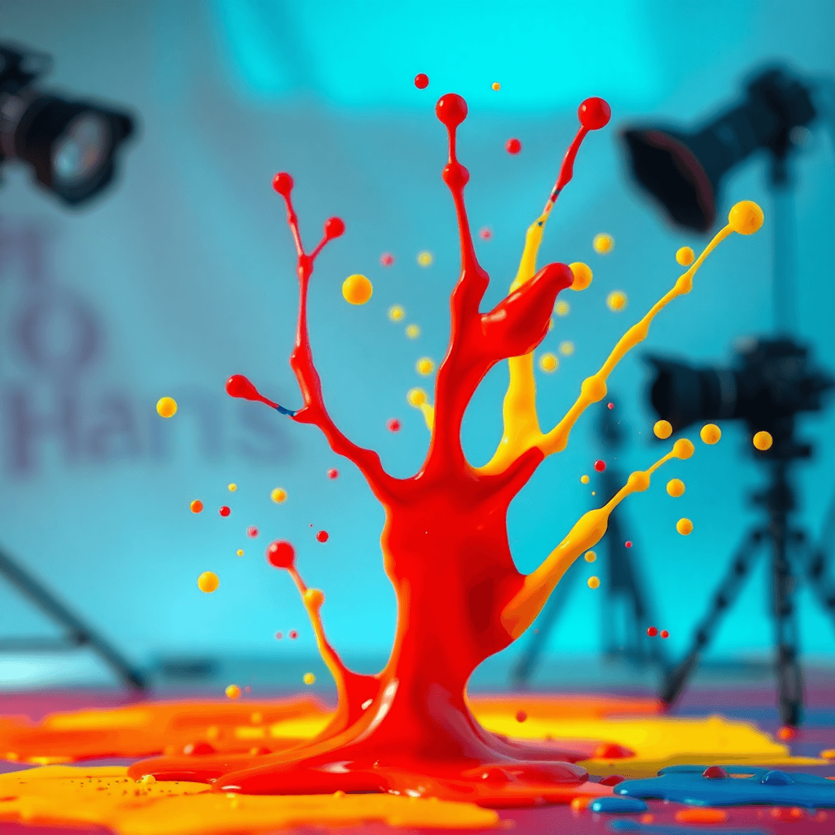 A colorful, cartoon-style image of paint splashes in red, blue, yellow, and green against a softly blurred background with hints of camera equipment, evoking creativity.