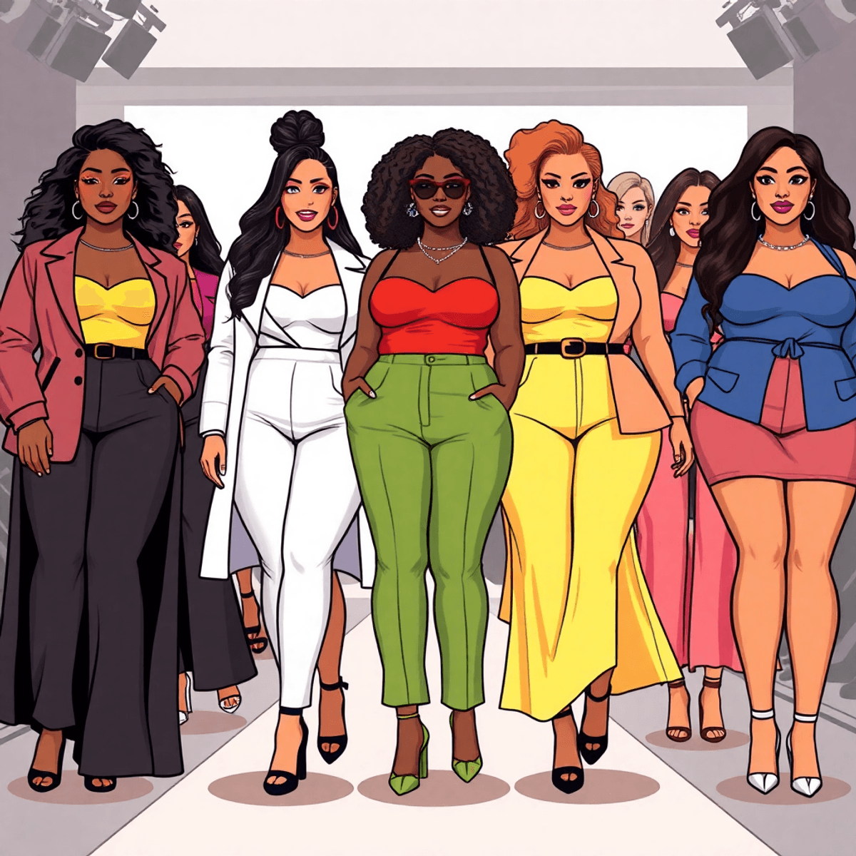 Cartoon runway with confident plus-size models in colorful, stylish outfits showcasing inclusivity and body positivity in modern fashion.