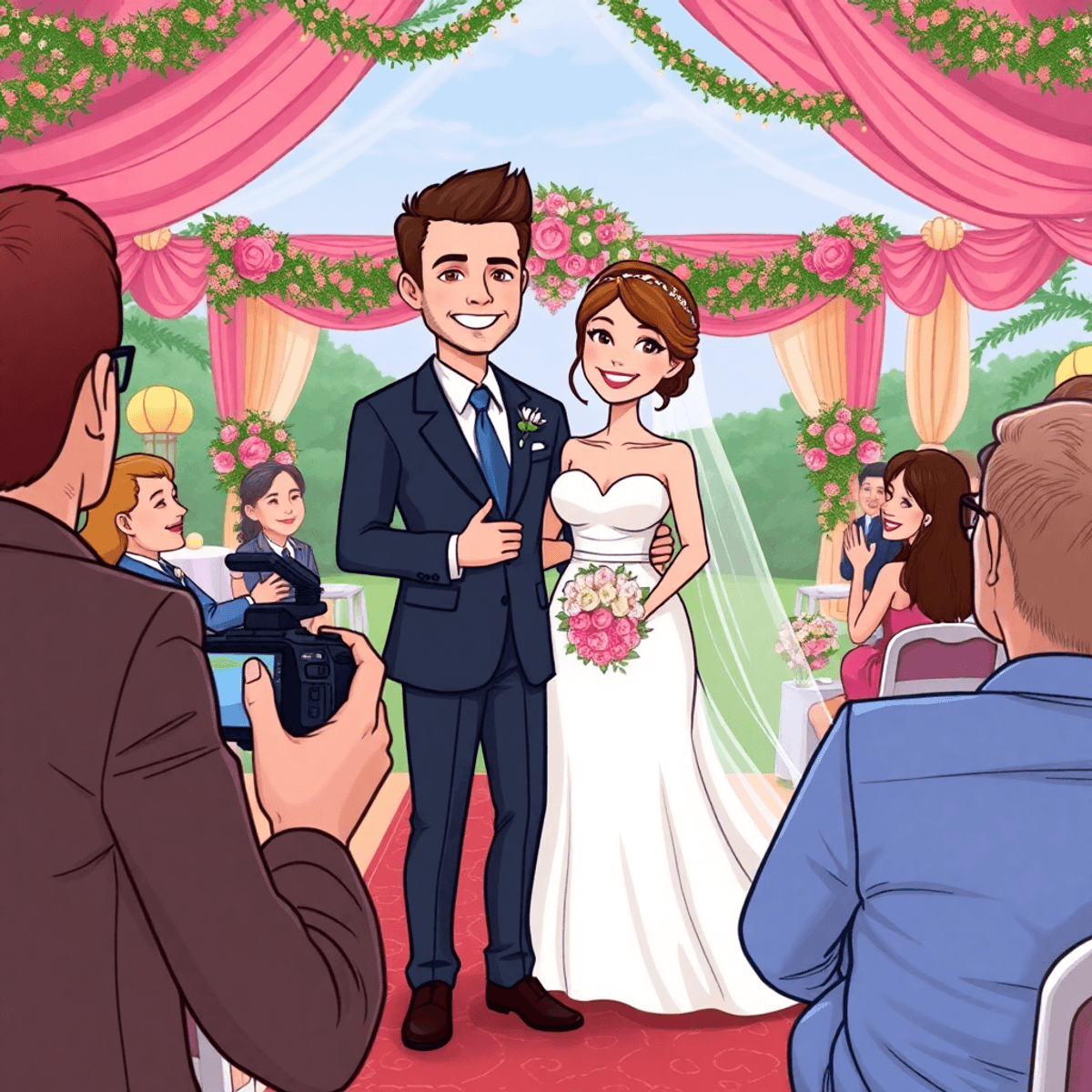 Cartoon of a bride and groom posing for a photographer outdoors, surrounded by smiling guests watching attentively in a decorated wedding venue.