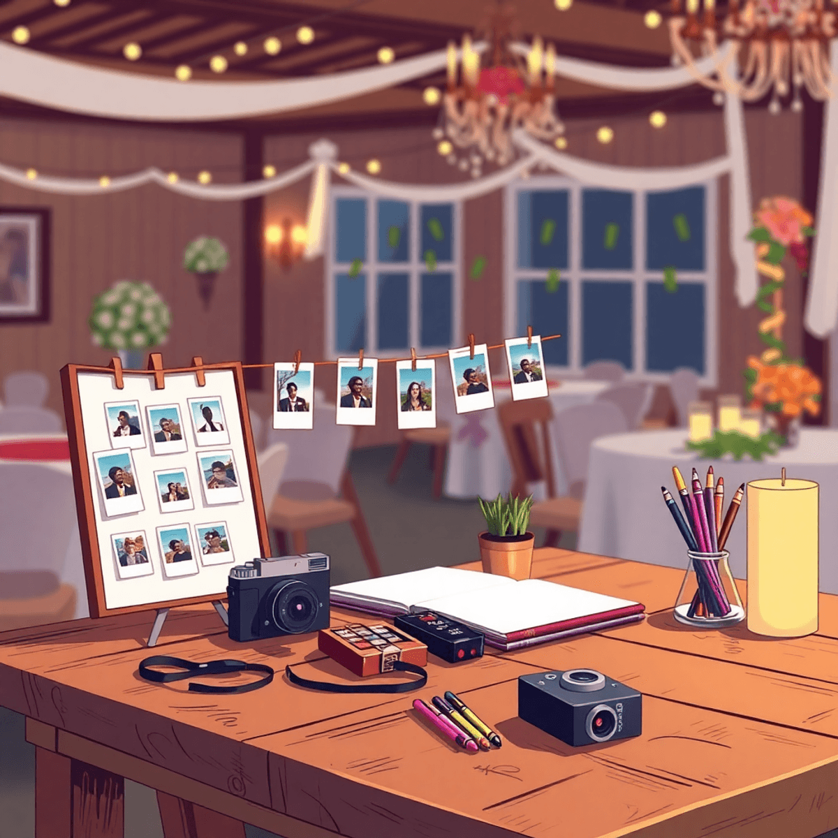 Cartoon-style wedding reception with a guest book station, instant photos on string, vintage cameras, colorful pens, and warm ambient lighting.