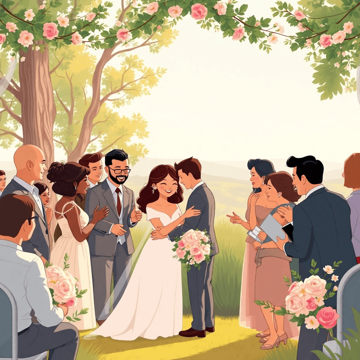 Cartoon of a couple sharing a joyful moment outdoors, surrounded by warm guests, soft lighting, simple floral decor, and a scenic open background.