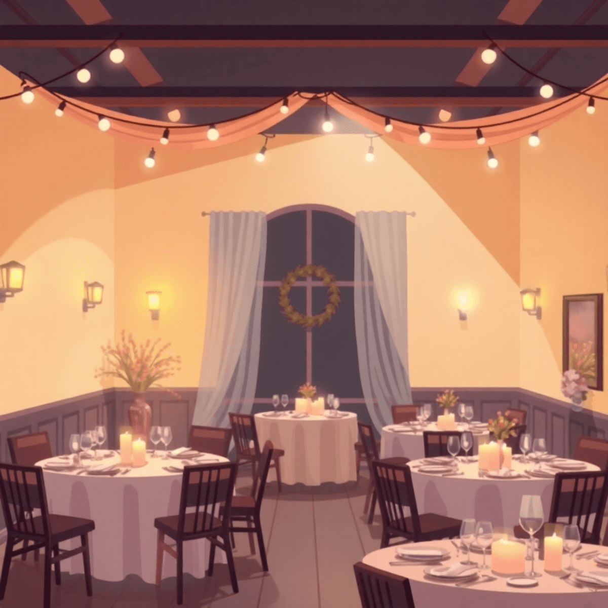 Cartoon-style cozy small venue with warm lighting, detailed decorations, and intimate table settings creating a welcoming atmosphere.