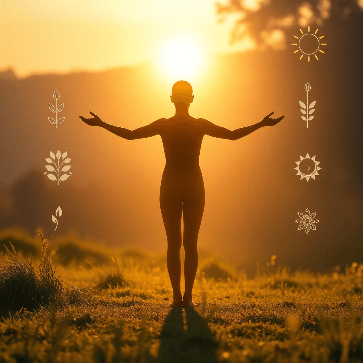 Glowing figure with open arms at sunrise, surrounded by soft light and abstract growth symbols, evoking peace and spiritual awakening in a minimalist style.