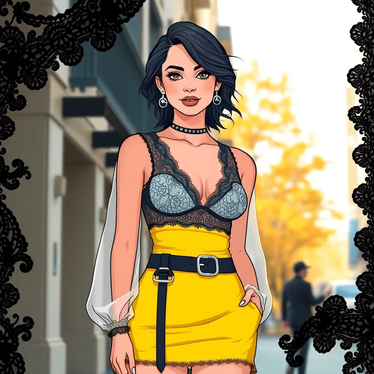 Cartoon of a confident woman in a sheer lace dress over colorful undergarments, standing in an autumn urban setting with gothic fashion elements.