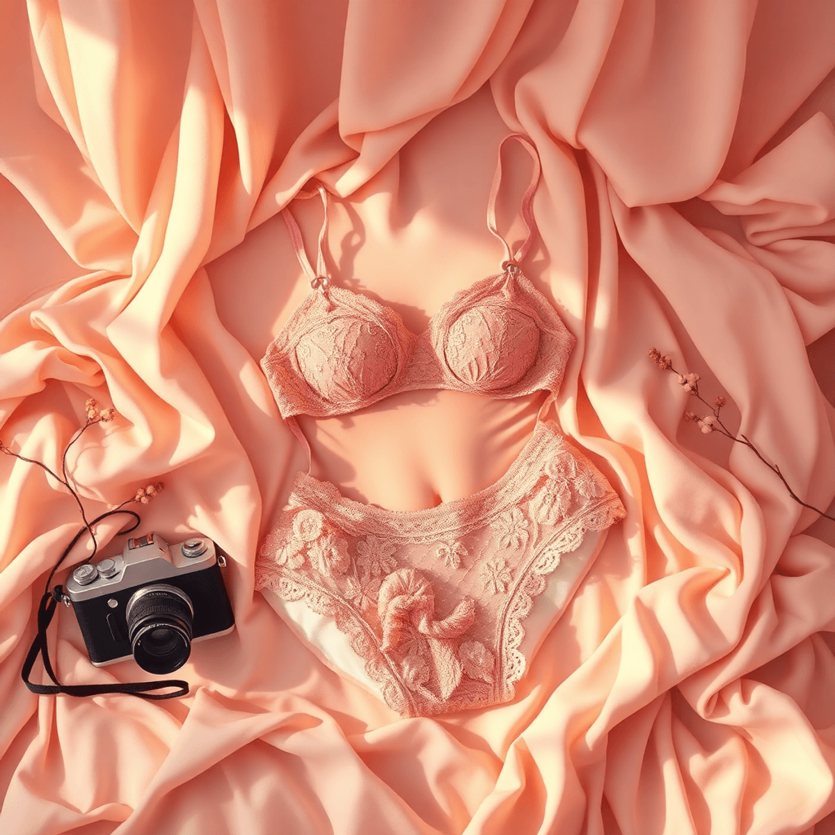 A cozy, artistic arrangement of delicate lingerie and fabrics, a vintage camera, and soft lighting in warm blush and cream tones, evoking warmth and empowerment.