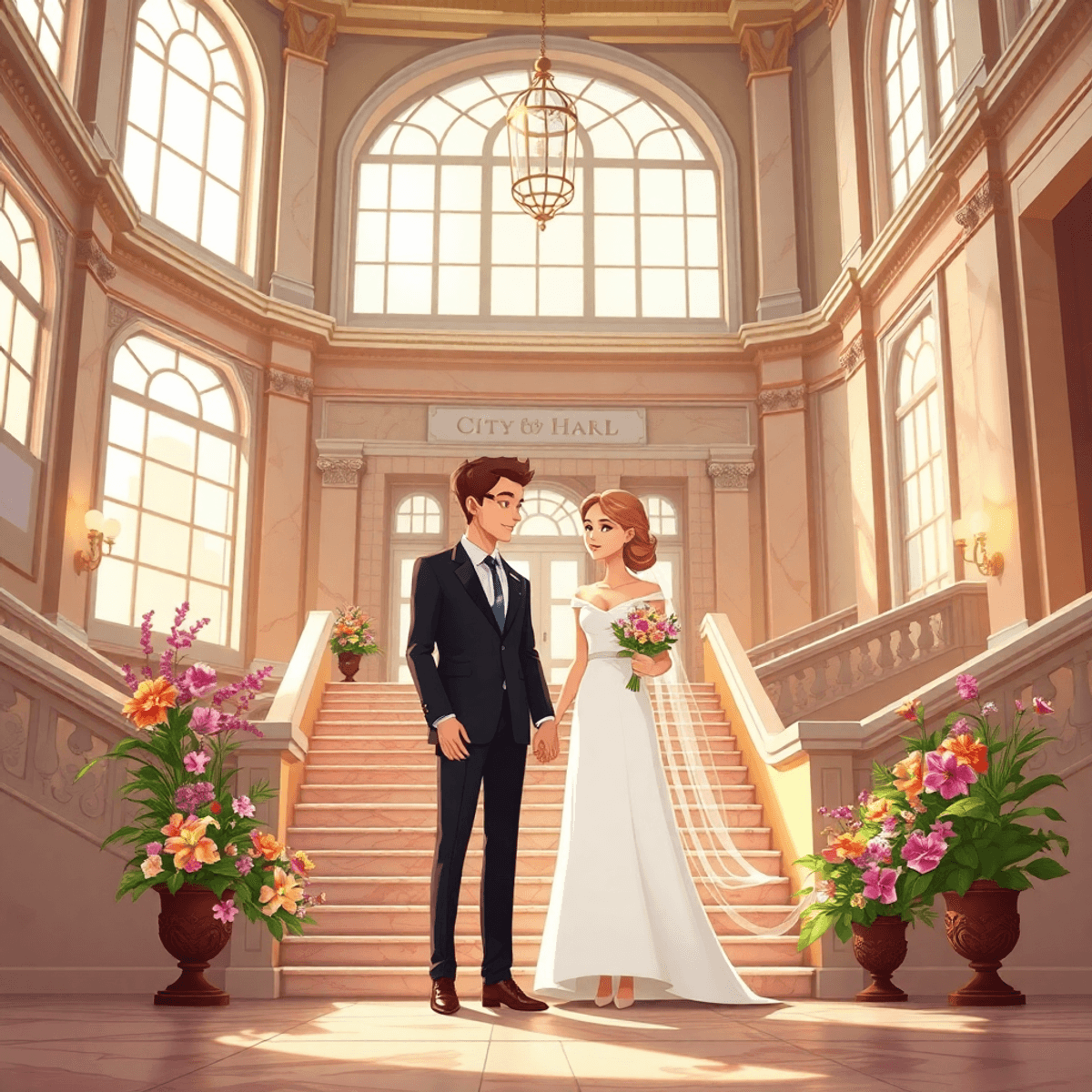Cartoon of a stylish couple in wedding attire holding hands inside a grand Beaux-Arts city hall with marble, staircase, natural light, and vibrant flowers.