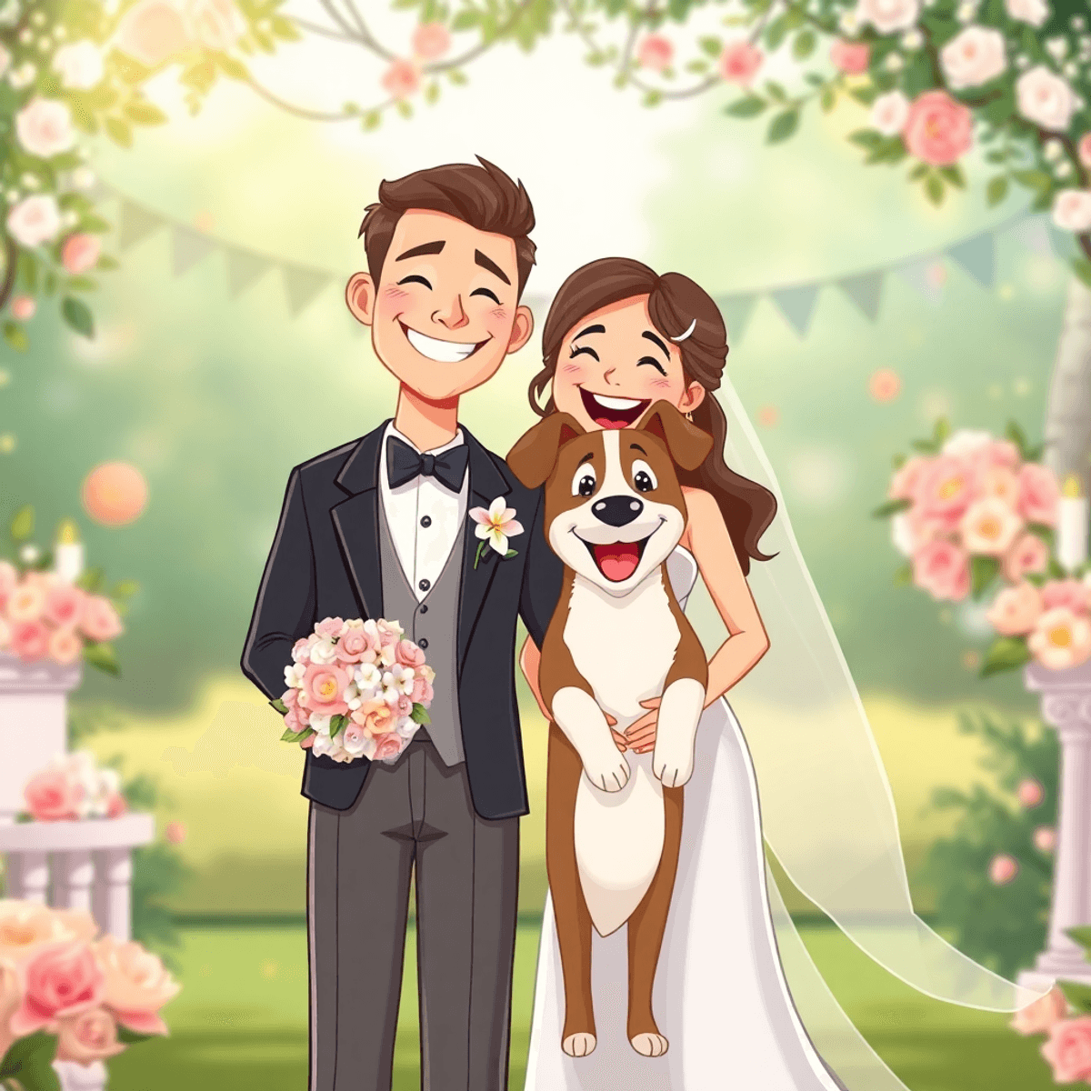 A joyful cartoon wedding scene with a couple in formal attire and their dog, surrounded by flowers and soft lighting, capturing love and celebration.