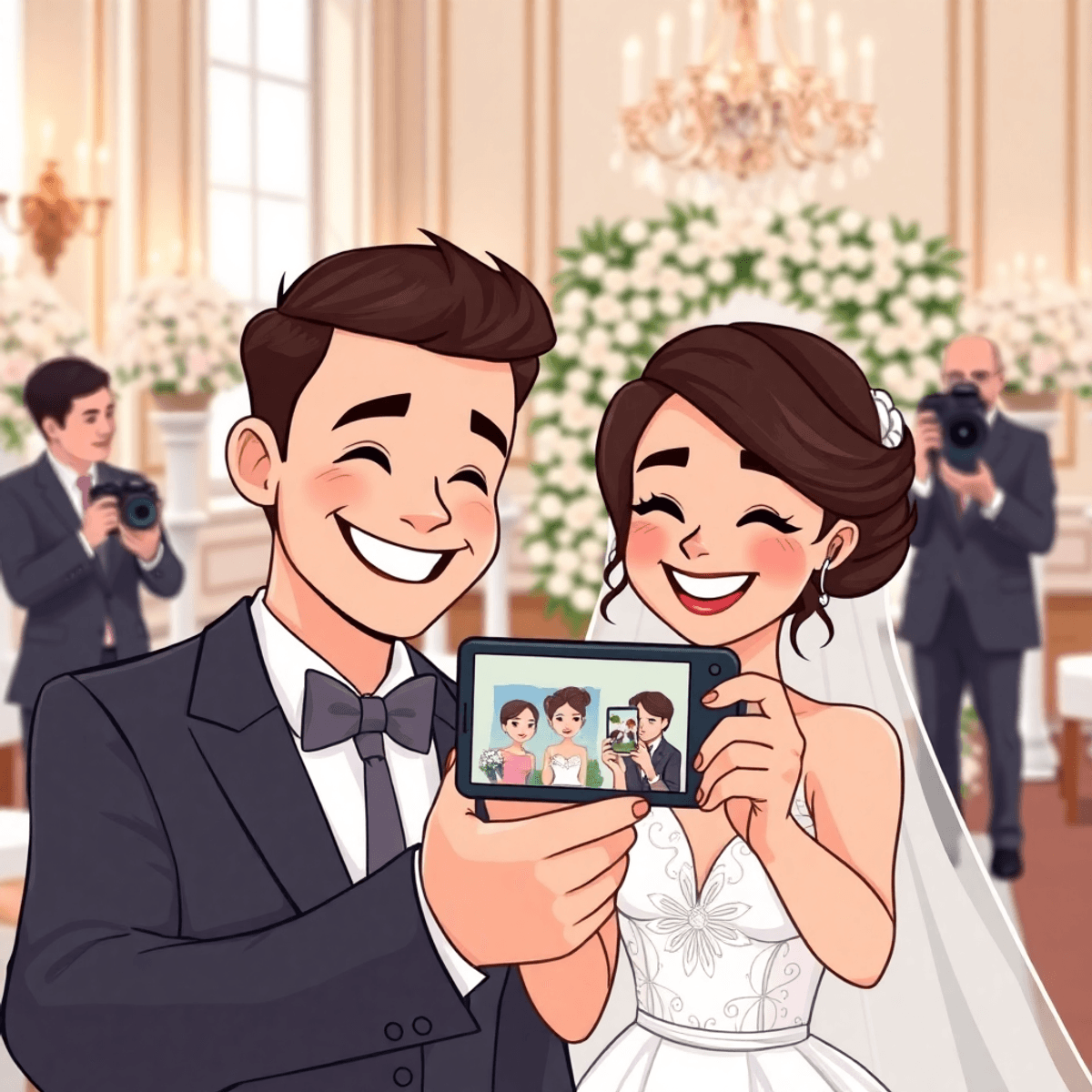 Cartoon couple happily reviewing wedding photos on a digital camera with a photographer nearby, surrounded by elegant decorations and soft natural light.