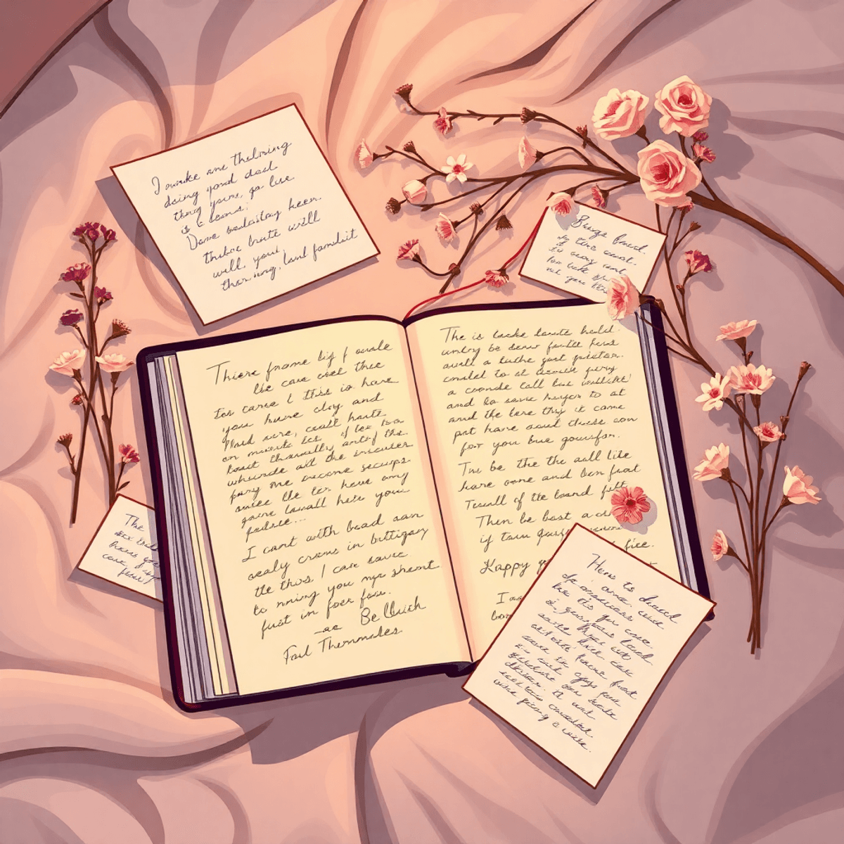 Open boudoir album on soft surface with handwritten letters, dried flowers, and keepsakes in warm, inviting cartoon-style lighting.