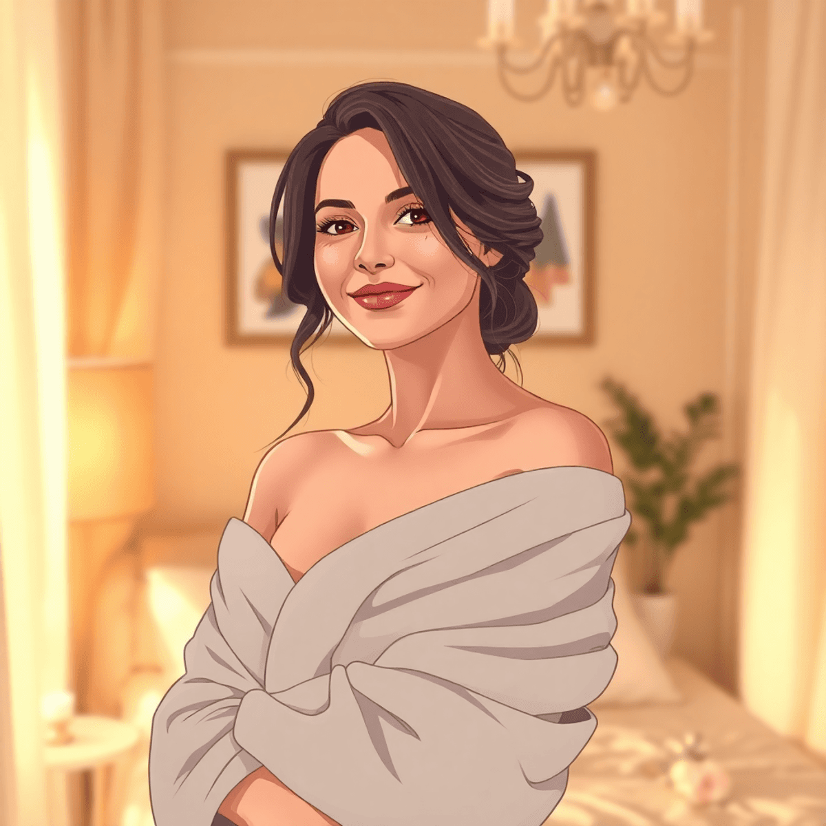 Cartoon-style boudoir scene with a serene woman wrapped in delicate fabric, smiling softly in a warm, elegant, minimalistic room.
