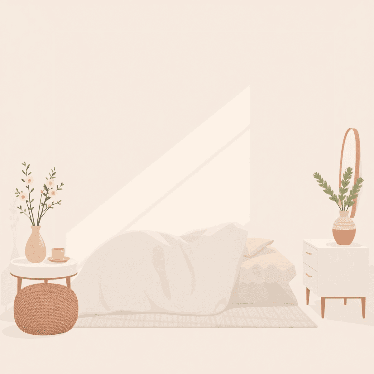 Cartoon-style minimalist boudoir with soft natural light, neutral tones, and simple decor highlighting subtle beauty and intimacy.
