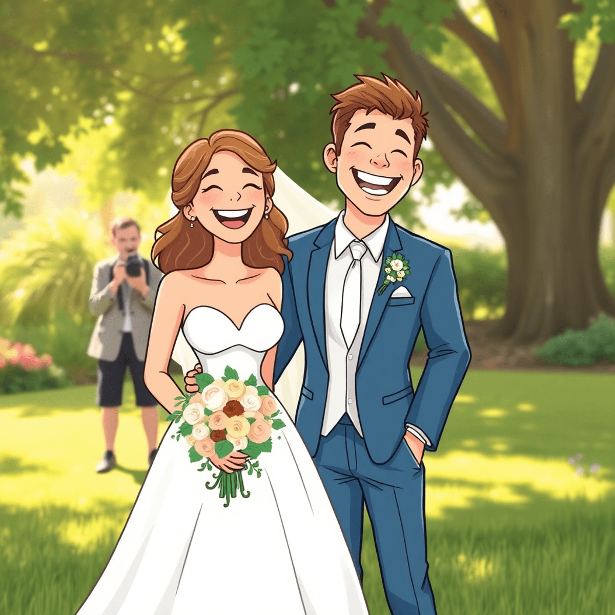 Cartoon of a joyful wedding couple laughing outdoors in soft sunlight and greenery, with a photographer capturing candid moments in the background.