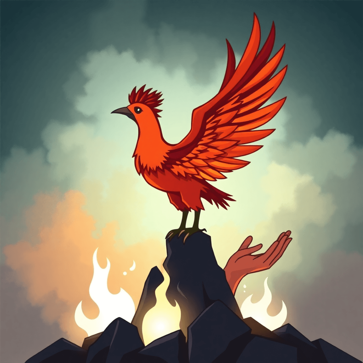Cartoon phoenix with a mohawk rising from ashes, glowing light and gentle hands in a nurturing gesture, set against an abstract background of transformation and hope.
