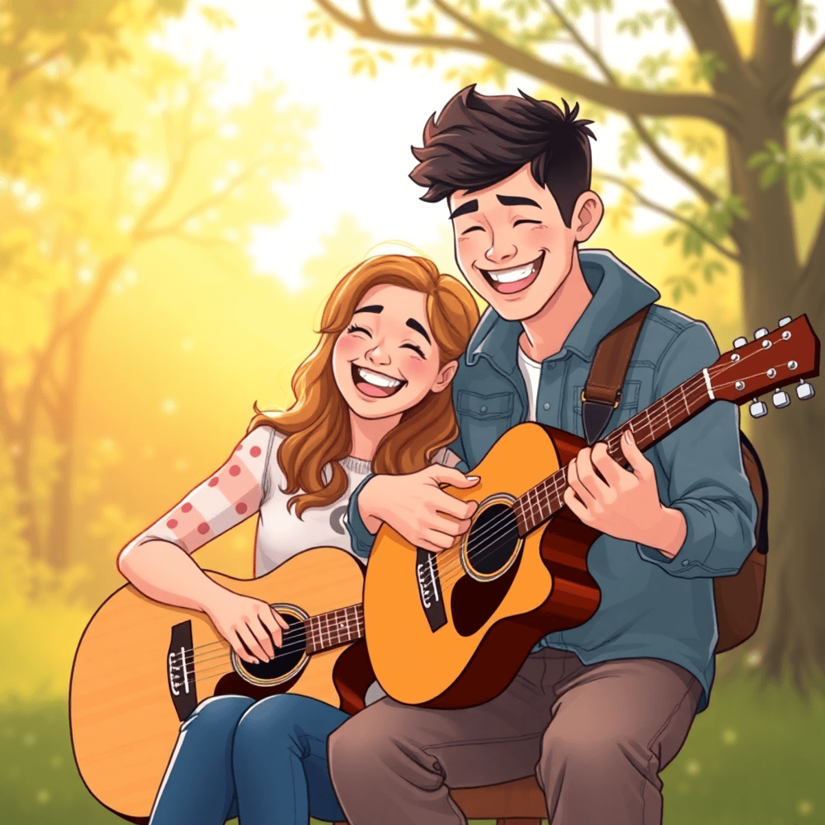 Cartoon of a joyful couple outdoors, sharing a hobby like guitar or skateboarding, surrounded by natural light and personalized props, capturing a candid moment.