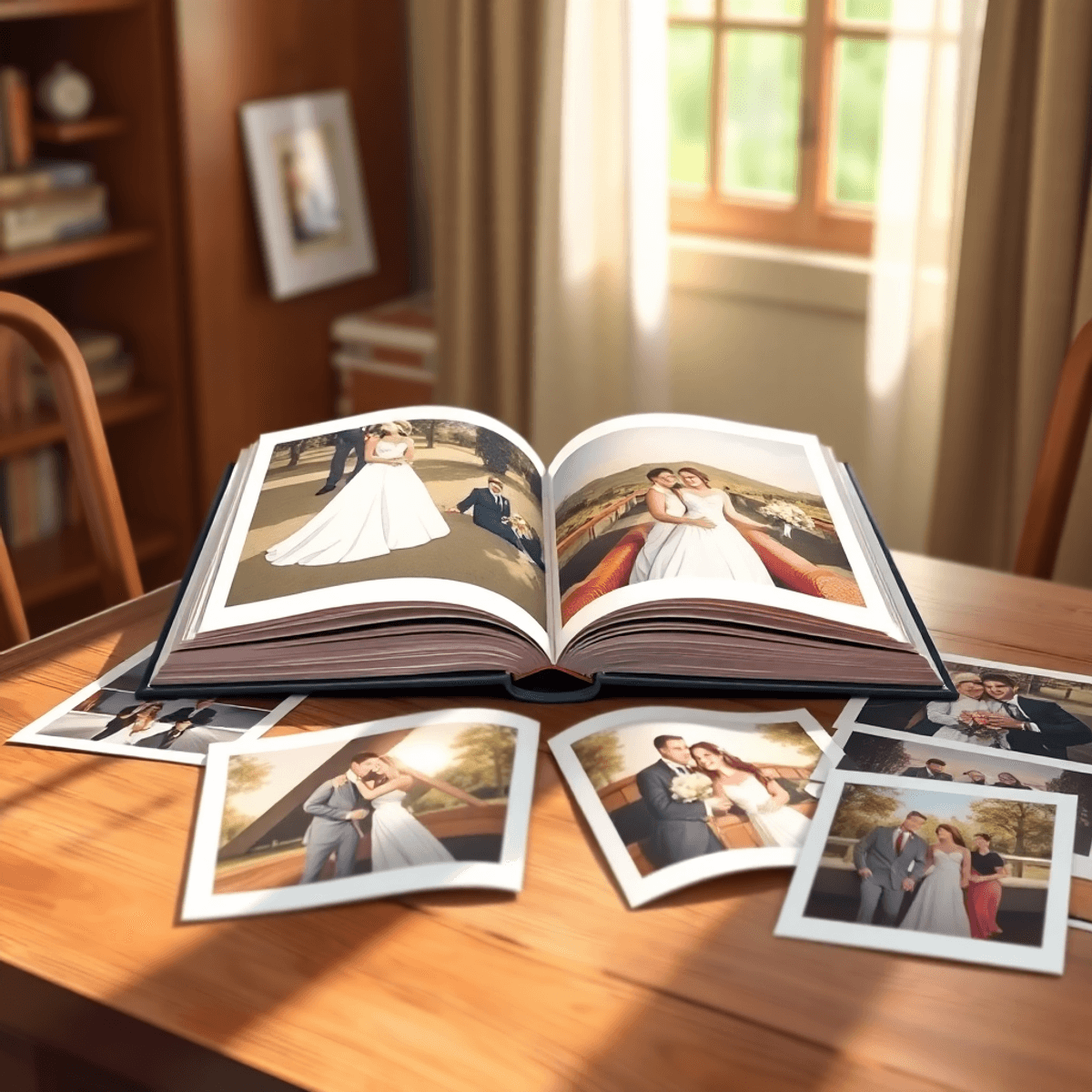 Cartoon-style wedding album open on wooden table, surrounded by elegant printed photos with soft natural light, creating a warm and timeless feel.