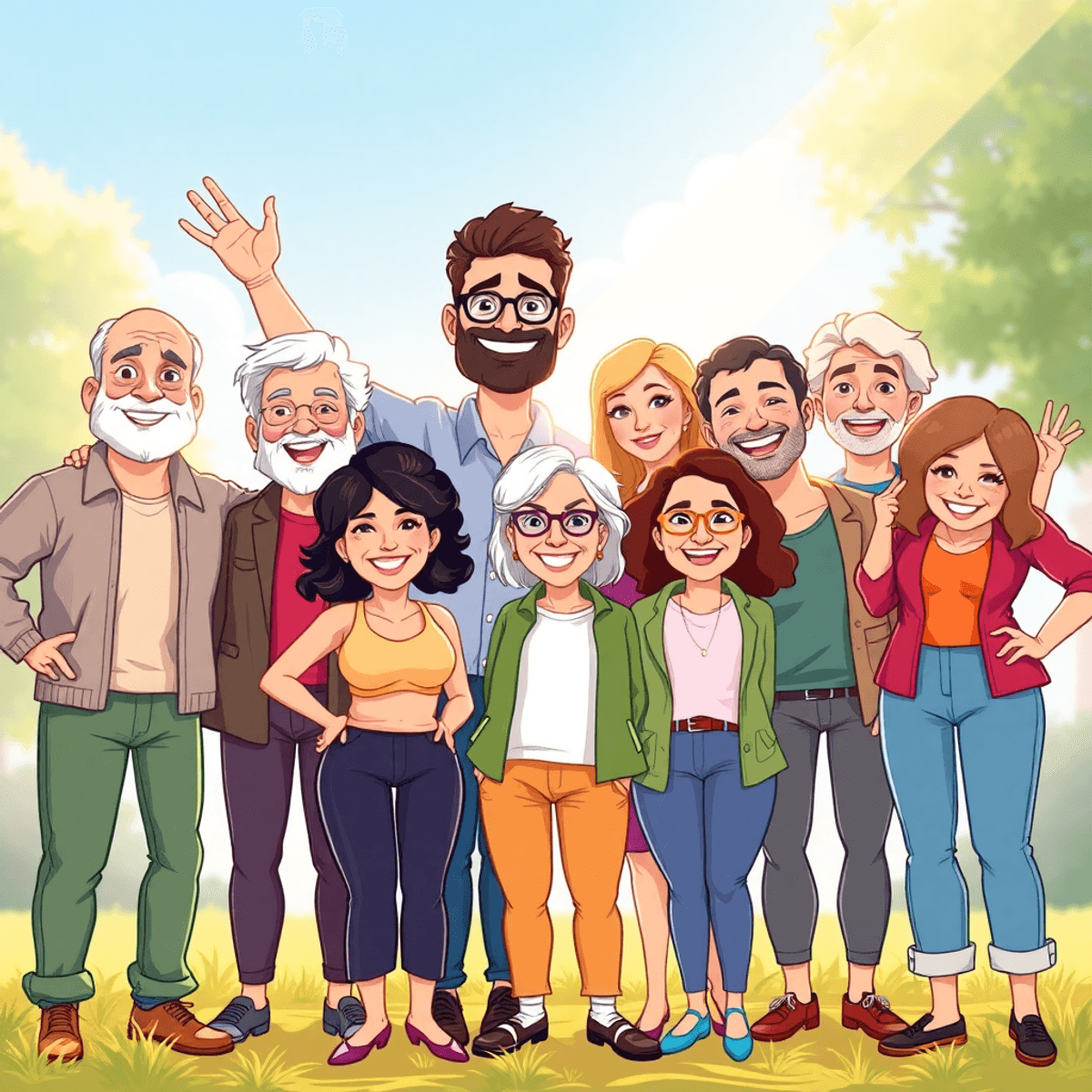 Cartoon of diverse people of various ages confidently posing outdoors, glowing with warmth and empowerment in soft natural light.