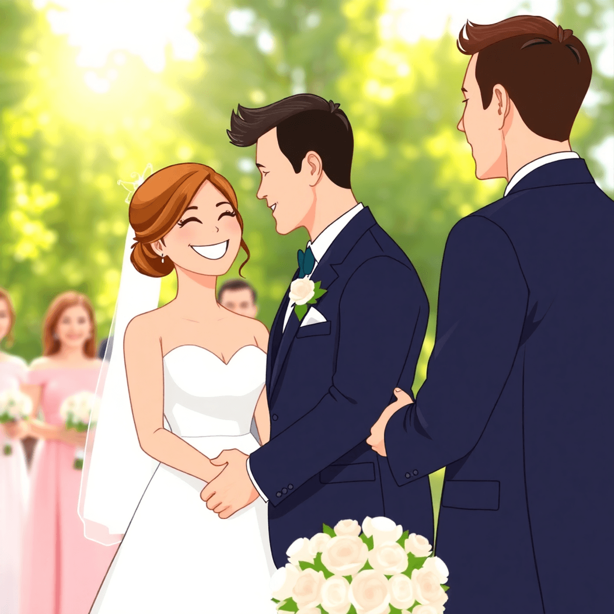 A cartoon-style wedding scene with a joyful couple exchanging vows outdoors, surrounded by greenery and sunlight, with friends and family celebrating in the background.