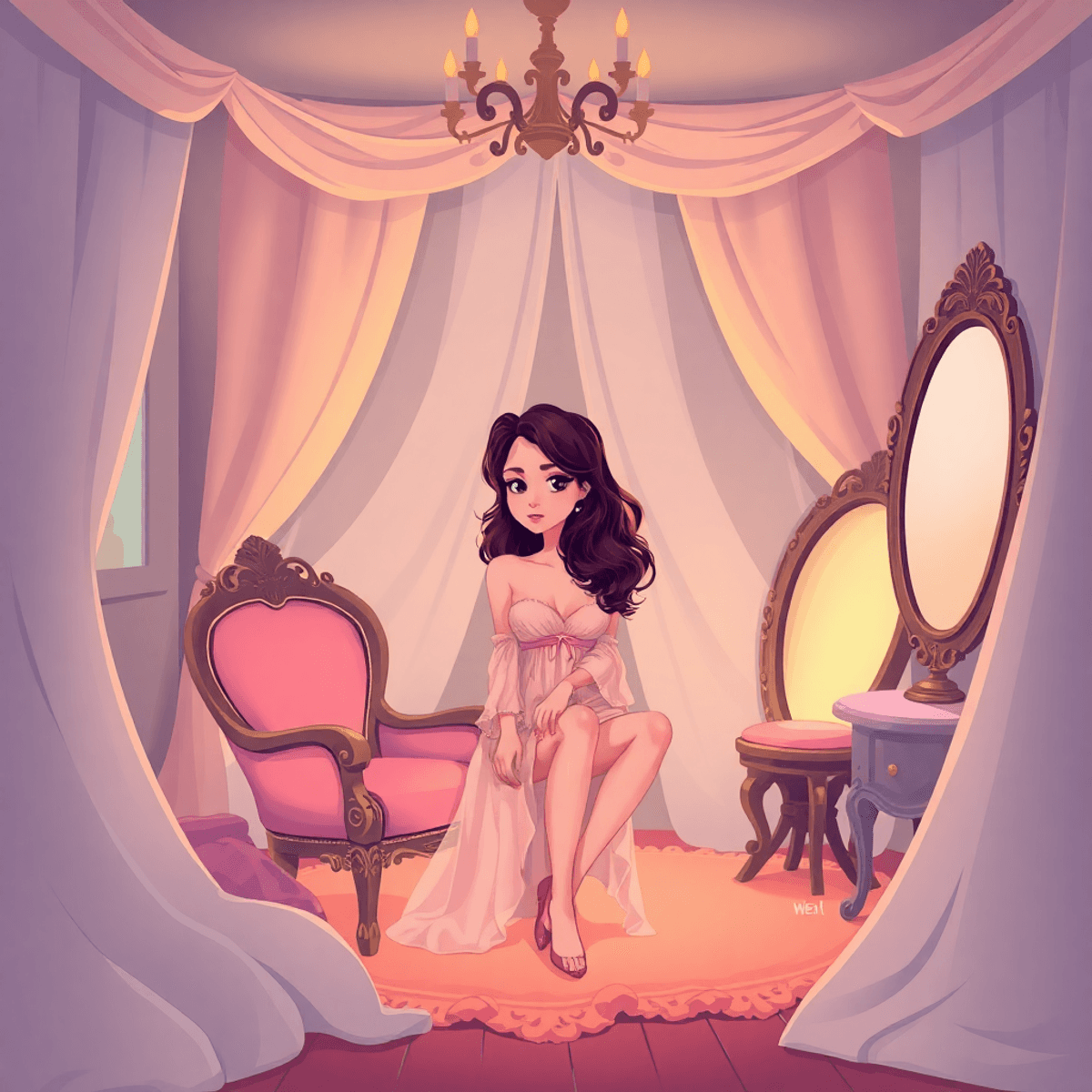A cozy boudoir scene with soft fabrics, warm lighting, a vintage chair, flowing curtains, and a softly lit mirror, creating an inviting and intimate atmosphere.