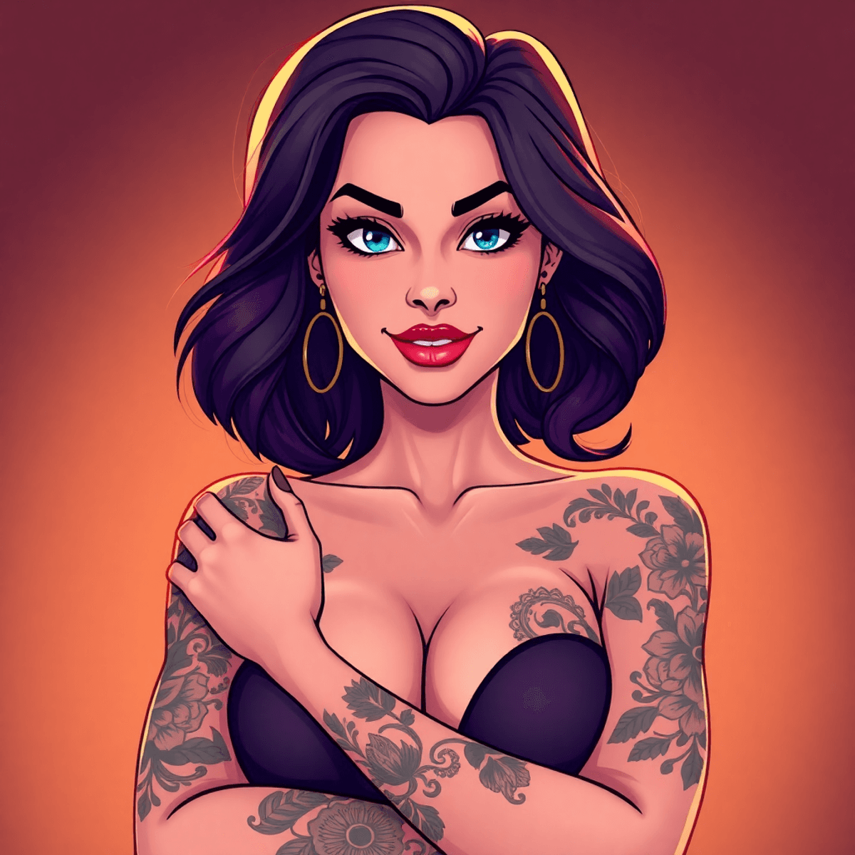 Cartoon-style boudoir portrait of a confident woman with intricate tattoos on arms and shoulders, softly lit to highlight her empowering expression and body art details.
