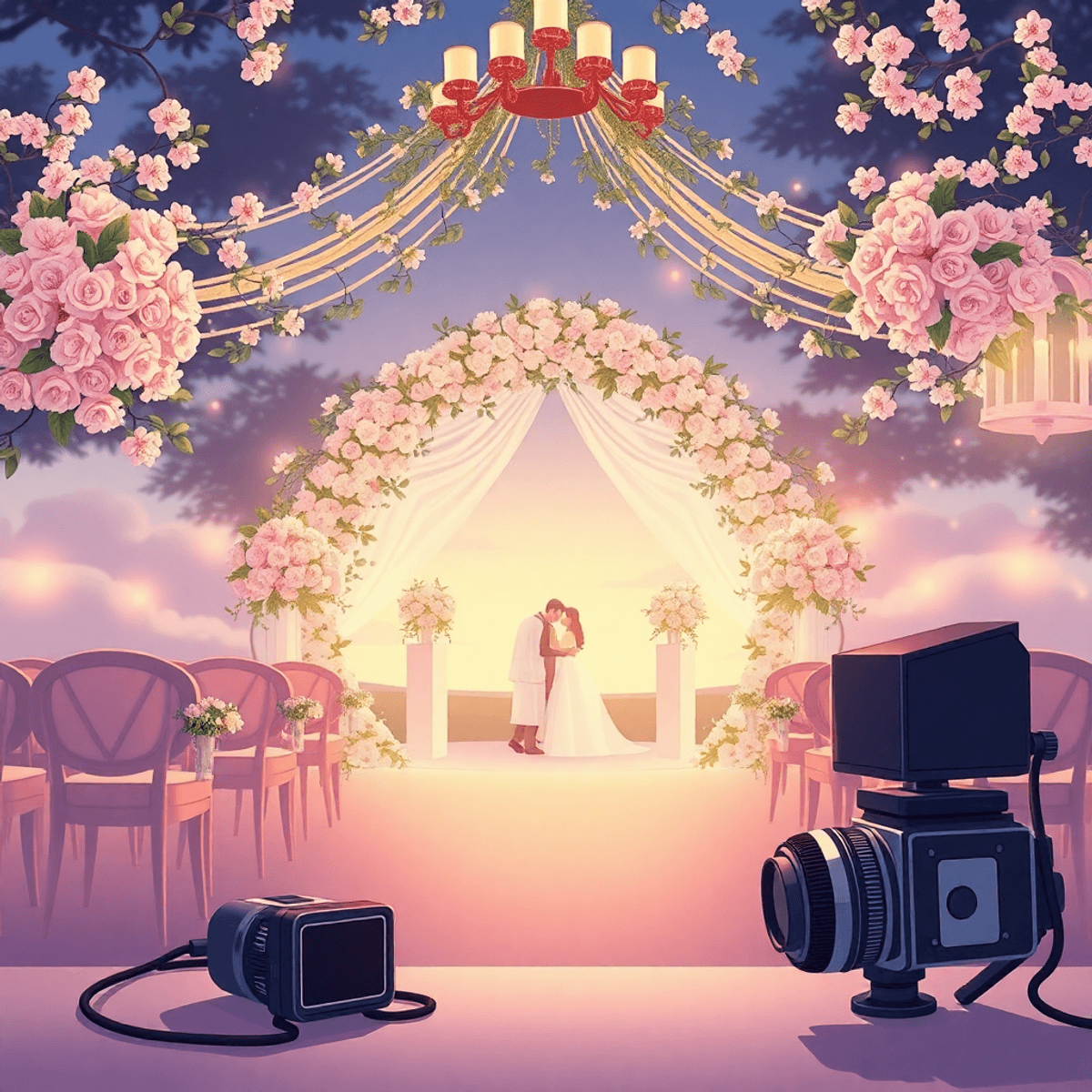 A cartoon-style wedding scene with an elegant outdoor venue, floral decorations, soft lighting, and vintage photography equipment in the foreground, evoking love and celebration.