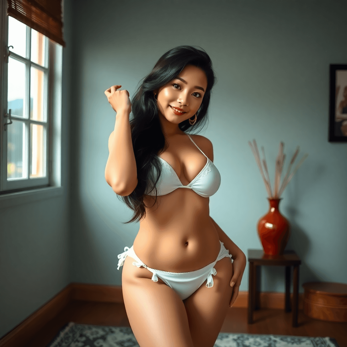 Cartoon-style boudoir scene of a confident woman in natural light, embracing body positivity and self-expression with a tasteful, authentic atmosphere.