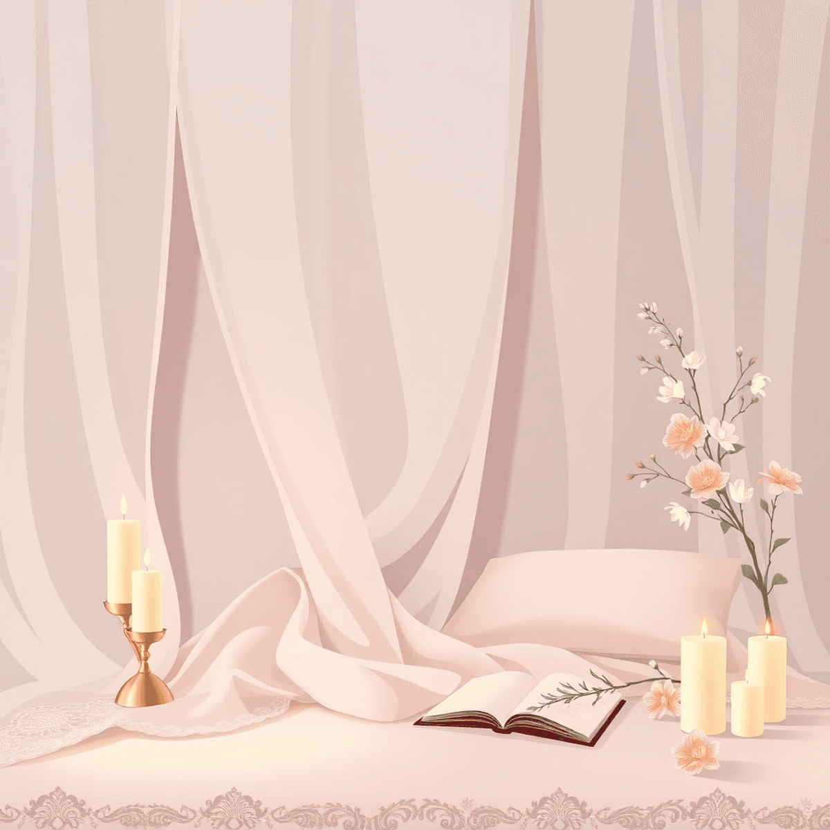 Cartoon-style boudoir with soft lighting, lace and silk fabrics, candles, flowers, and a journal creating a calm, elegant, and empowering atmosphere.