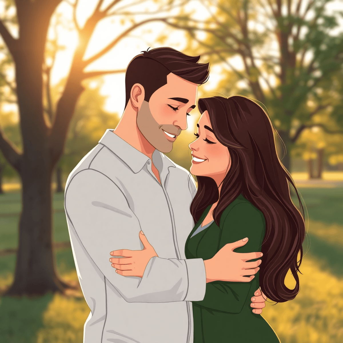 Cartoon of a couple embracing tenderly outdoors at golden hour with soft sunlight filtering through trees, capturing genuine emotion and intimacy.