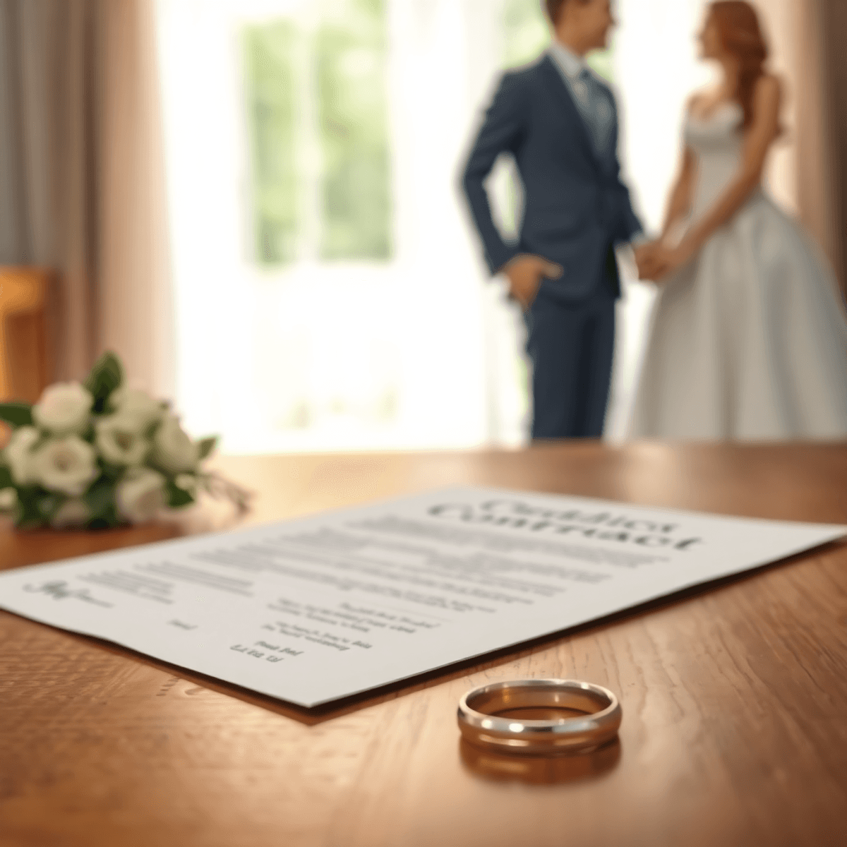 Close-up cartoon of a wedding contract and rings on a wooden table, with a softly lit, blurred couple holding hands in the background.