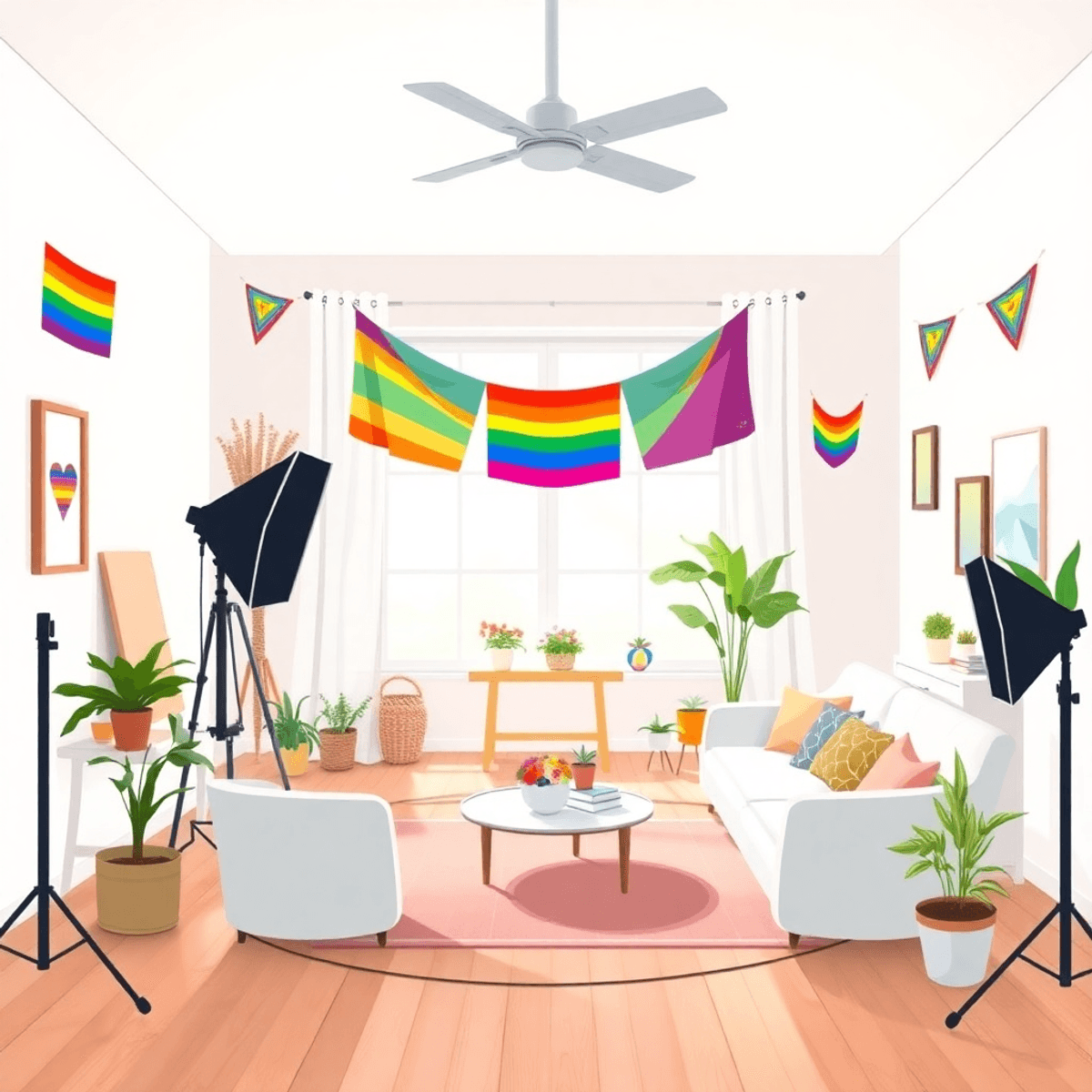 Cartoon-style bright photography studio with rainbow pride flags, inclusive decor, soft natural light, and a cozy, welcoming atmosphere.