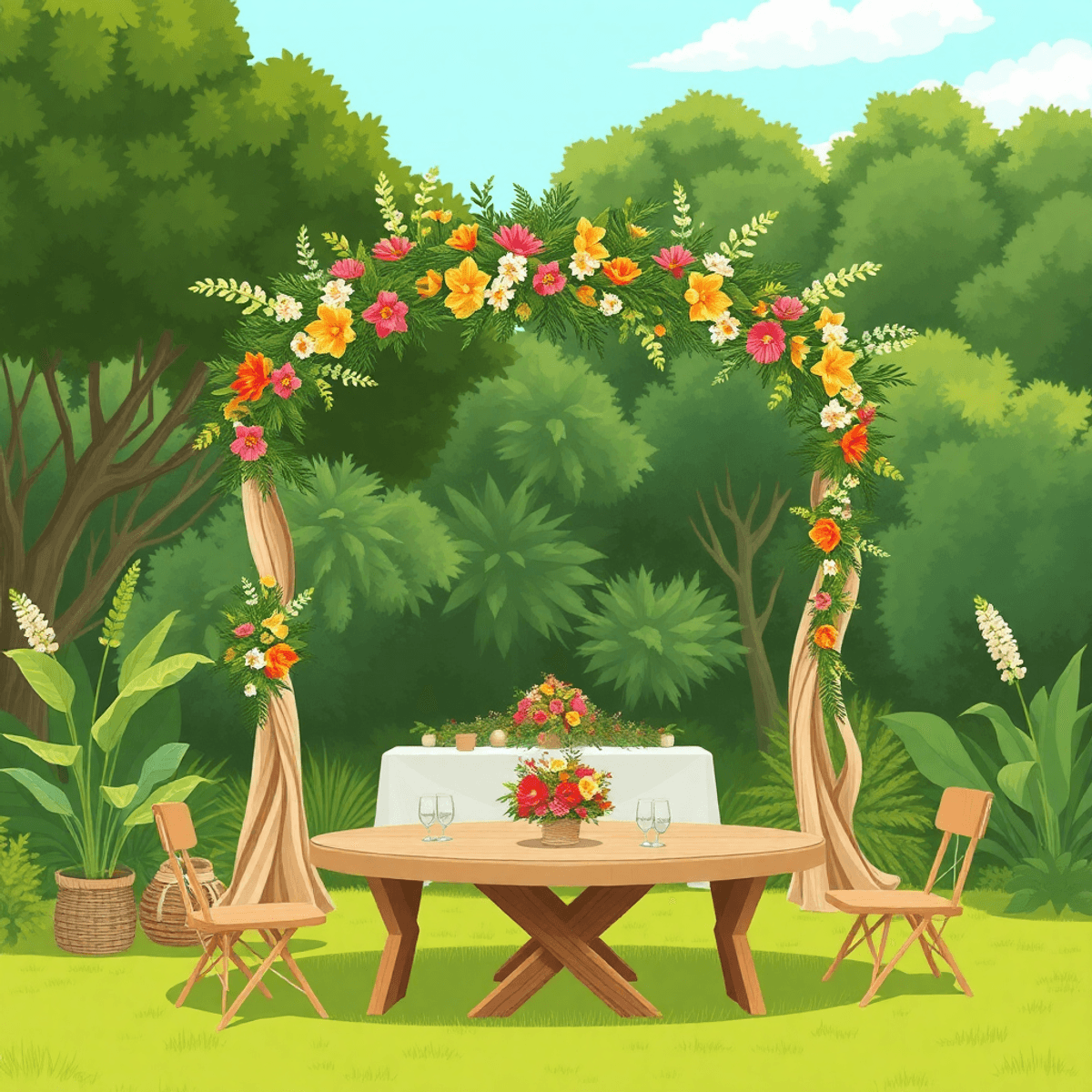 A cartoon-style outdoor wedding setup with a flower-decorated arch, surrounded by greenery, showcasing eco-friendly decorations and natural table settings.