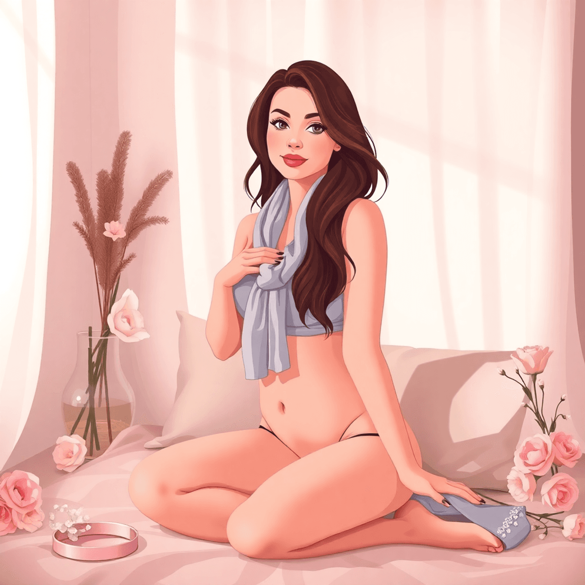 Cartoon-style cozy boudoir scene with soft lighting, silk scarves, flowers, and a relaxed woman posing confidently.